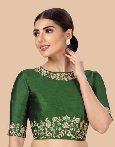 Image of Studio Shringaar Women's Readymade Art Silk Embroidered Saree Blouse with Elbow Length Sleeves
