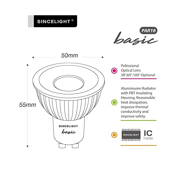 SINCELIGHT GU10 LED Leuchtmittel Deckenspots Reflektorlampe mit 100° Ausstrahlungswinkel, 6W(550Lumen)≈50W Halogen, RA≈92, Kaltweiß 6000K, Nicht Dimmbar, 6er-Pack – Bild 7