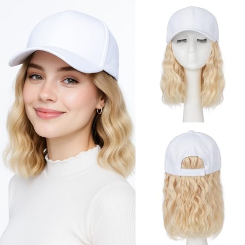 SEGO Hat Wig, Hat with Hair Attached for Women White Baseball Cap with Hair Extensions, Short Curly Baseball Cap Wig Adjustable Hats for Daily Party 8 Inch #613 Bleach Blonde