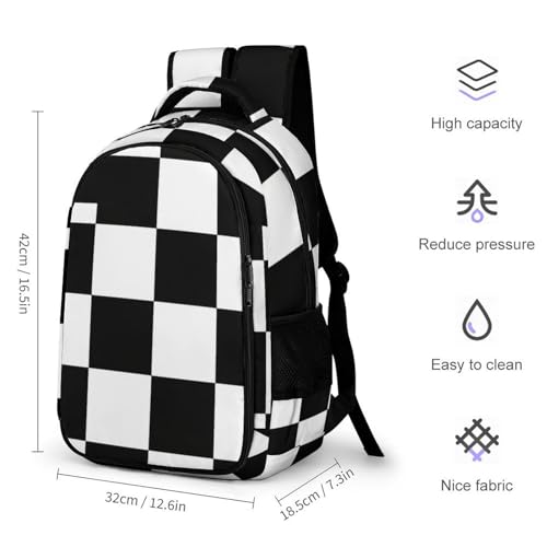 Unisex Backpack with Side Pockets, Women Men Durable Spacious Backpack, Black And White Race Checkered Sports Flags Comfy Shoulder Bag for Travel, Daily Commuting2