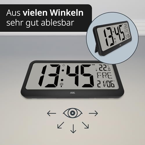 ADE Sehr große Digitale Wanduhr mit XXL-Ziffern | Funkuhr mit Kalender | perfekt für Büro, Großraum, Werkstatt, Senioren | Thermometer & Alarm | Tischuhr schwarz
