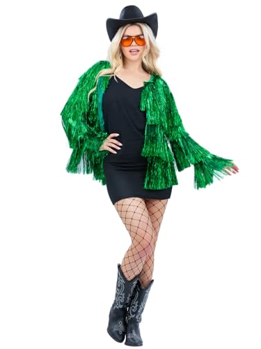 Veste de festival verte à franges en tinsel | Tenue pour concerts Smiffys Fever