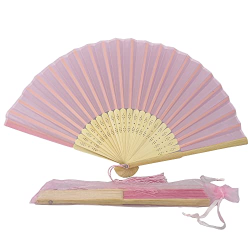 Image of Fabric Handheld Folding Hand Fan with a Tassel Grade A Bamboo Ribs for Women Girls Summer Party Event Favor Birthday Wedding Souvenir Gift (Soft Pink)