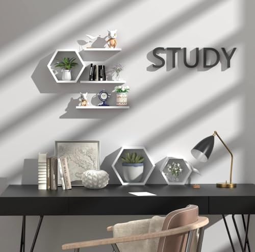 Image of Hexagon Wall Shelves Set of 6 | Wooden Floating Wall Shelf for Home Decor | Honeycomb Design Wall Rack for Living Room, Bedroom & Office (White)