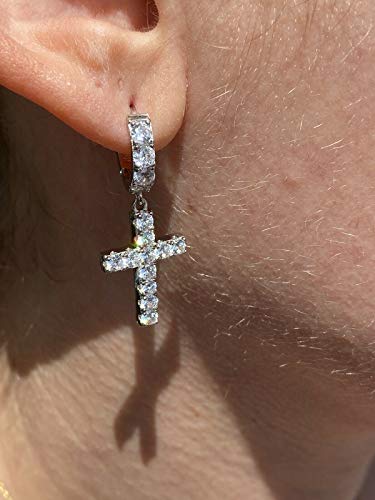Solid 925 Sterling Silver Men & Ladies Dangle Cross Hoop Earrings Iced Out Flooded - Aretes #TOP2
