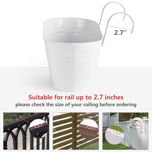 Dahey 3 Pcs Metal Iron Hanging Flower Pots for Railing Fence 15.7 Inch Hanging Bucket Pots Countryside Style Window Flower Plant Holder with Detachable Hooks for Garden Yard Home Decor, White
