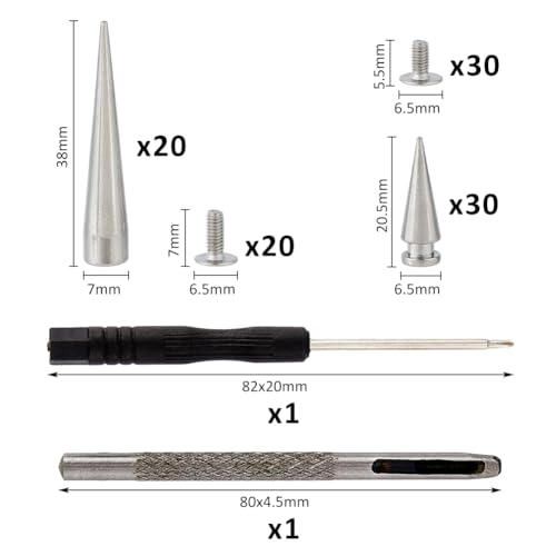 SUPERFINDINGS 50 Sets Long Punk Spikes and Studs for Clothes Large Leather Rivets Screwback Studs with Screwdriver and Hole Craft Silver Cone Spikes for Cosplay Clothing Shoes Belts Bags Dog Collars - Image 2
