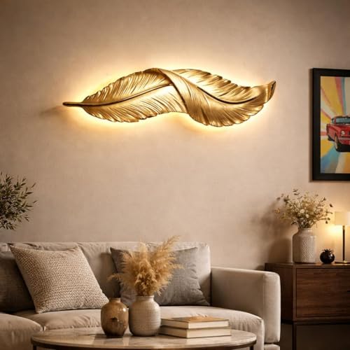 Image of Modern Gold Decorative 3-Color LED Warm White, Natural White & Cool White LED Feather Design Wall Lamp Sconce for Living Room, Bedroom, Hallway, Hotel, Staircase, Reception