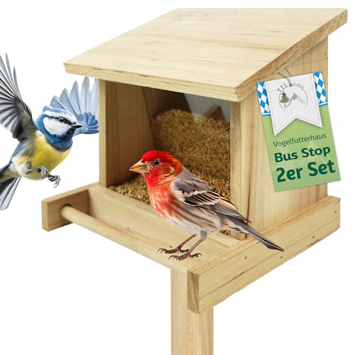TTL Garden Vogelfutterhaus Bus Stop 2er Set - Vogelhaus aus Holz zum aufhängen 20x19x16cm aus Tannenholz Natur - Vogel Futterstationen wetterfestes Vogelhäuschen für Balkon Garten & Ständer