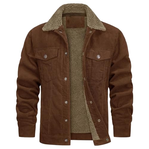 Chaqueta de camionero con forro de sherpa para hombre, abrigo invierno cálido, chaqueta pana polar con cuello vuelto, marrón, talla grande
