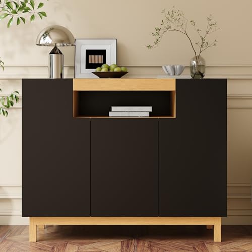 RAPRAP Armario de cocina de 120 cm, aparador de tres puertas para salón y comedor, aparador multifuncional de cocina,Negro