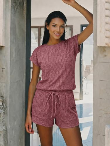 Ekouaer Rompers for Women Summer Casual Cap Sleeve Crewneck Short Pants Jumpsuit Beach Vacation Outfit with Pockets Red M — view 3