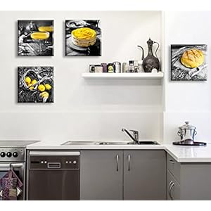 DJSYLIFE Kitchen Wall Decor Black and White Yellow Wall Art Bread Cake Fruit Picture Canvas Print Paintings for Cafe Dining Room Restaurant Farmhouse Kitchen Decoration 12 Wx12 Hx4