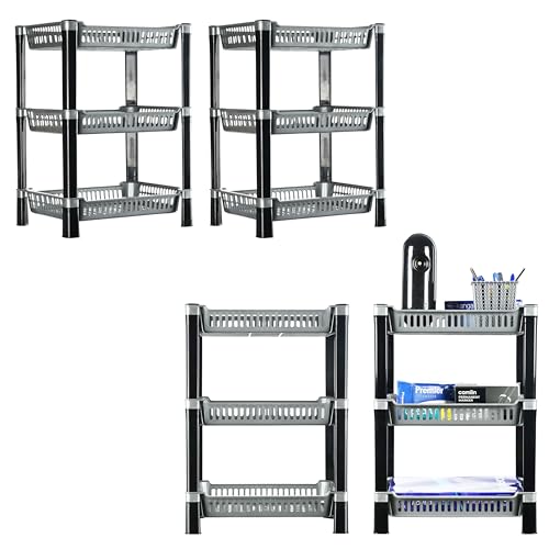 Image of Urbane Home Pack of 4 Multipurpose Racks for Storage | 3-Tier Kids Toy Organizer /Under Wash Basin & Office Storage Cabinet & Shelves | Silver