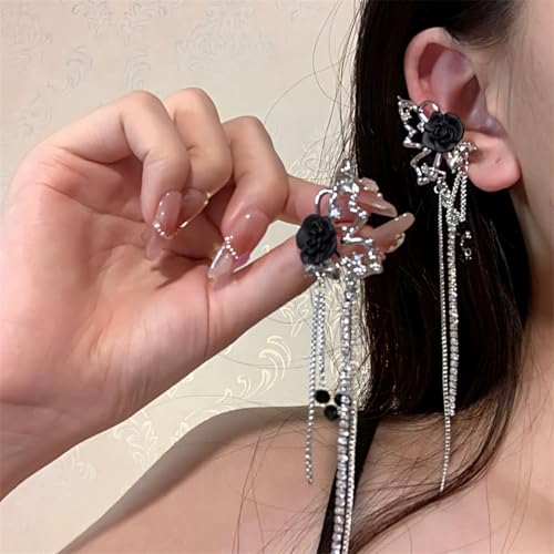 Gothic Rose Chain Tassel Dangling Ear Cuff Earrings for Women,Grunge Y2K Black Rose Zircon Long Drop Dangle Earrings,Dainty Party Bar Jewelry Gifts3