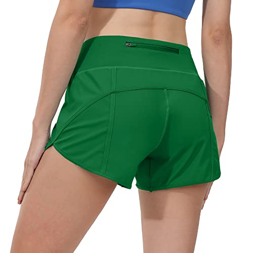 Aurefin Women's High Waisted Running Shorts For Women, Quick Dry Athletic Shorts With Mesh Liner And Back Zip Pocket Green/Large #TOP28