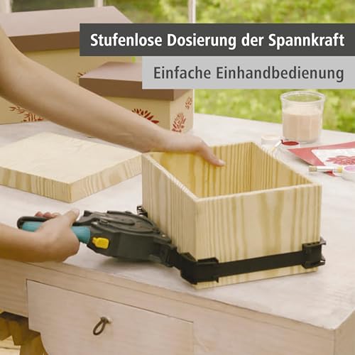 wolfcraft Einhand-Rahmenspanner 3681000 – Bandspanner zur schnellen Fixierung von Brettern & Rahmen – Ratschen Eckspanner mit 5m Spannband - 4