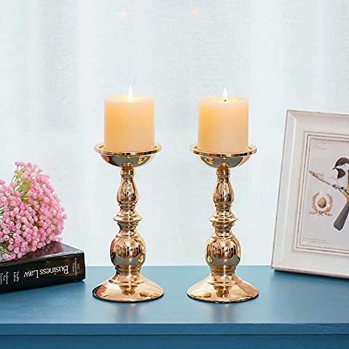 Set Of 2 Gold Candlestick Metal Pillar Candle Holders, Flameless Candlestick Holders Stand Centerpieces Decoration Ideal For Weddings, Special Events, Parties #TOP3