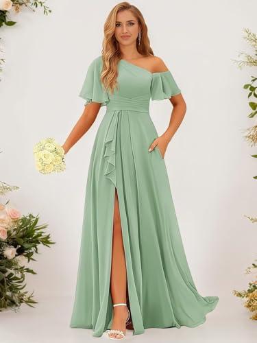 Long One Shoulder Bridesmaid Dresses with Slit for Women Short Sleeves Chiffon Formal Evening Gowns with Pockets3
