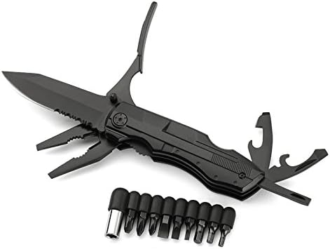 ShengHai 10-in-1 Multitool Pliers, Multi-Purpose Folding Knives Keychain Pliers for Outdoor Survival, Camping, Fishing, Hiking, Black Oxide Stainless Steel, Great Gift Idea (Black)