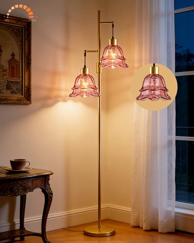 Image of 2-Light Modern Glass Floor Lamp, Gold Tall Standing Lamp with Deep Red Tulip Glass Shade for Reading, Dimmable LED Floor Lamp with 5Lbs Heavy Base for Living Room Bedroom Home Decor, Bulb Included