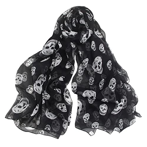 Soft Chiffon Silk Scarf Skull Print Scarf Summer Beach Long Lightweight Shawl Fashion Scarves Hijab for Women(Black)