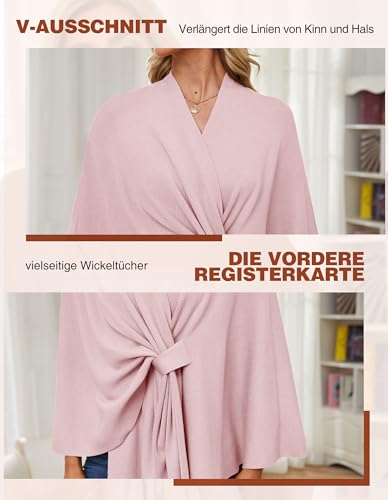 PULI Damen Elegant Poncho Strick Ponchos Capes Vorne öffnen Vielseitige Schalwickel mit Lasche Rosa