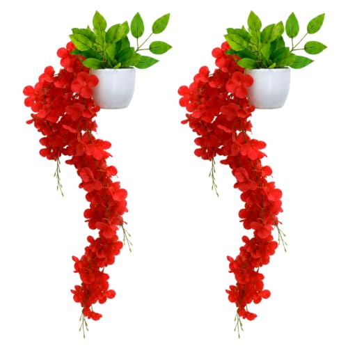 Image of fancymart Artificial Flower Red Wisteria Hanging Plant with White Pot, 60 cm Height, Pack of 2, Realistic Floral Vine for Home, Office, Living Room & Wall Decor