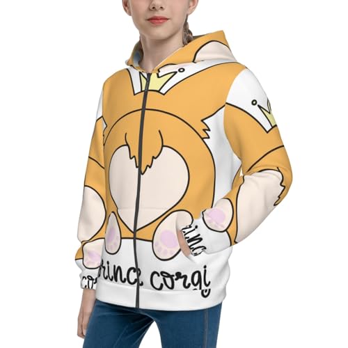 Prince Corgi Dog Kids Pullover Hoodies Boys Zip Up Sweatshirts Girls Athletic Clothes with Pocket