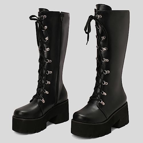 Image of Parisuit Women's Knee High Goth Platform Boots Lace Up Combat Boots | Chunky High Heel, Buckle Boots, Punk Chain Boots