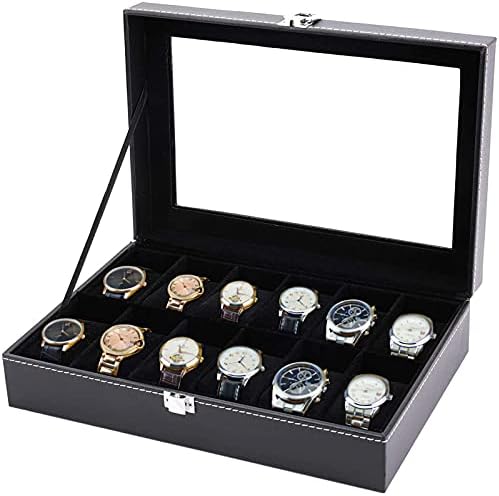 Tebery Glass Lid 12 Watch Jewellery Display Storage Box Case Bracelet Tray Faux Leather Black for Men Women