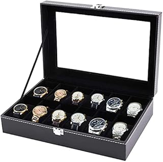 Tebery Glass Lid 12 Watch Jewellery Display Storage Box Case Bracelet Tray Faux Leather Black for Men Women