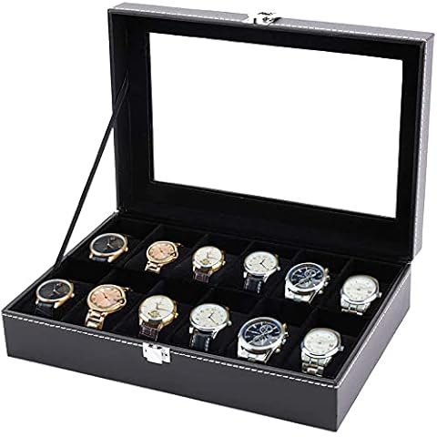 Tebery Glass Lid 12 Watch Jewellery Display Storage Box Case Bracelet Tray Faux Leather Black for Men Women Cover