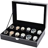 Tebery Mens Uhrenbox für 12 Uhren, Schmuck Vitrine, Uhrenkasten mit Glasdeckel, Uhrenkoffer mit Herausnehmbaren Uhrenkissen, Schwarz