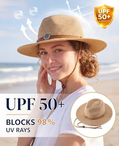 Image of Home Prefer UPF50+ Men's Wide Brim Straw Fedora Sun Hat with Badge Lanyard