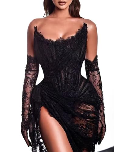 Sexy Strapless Lace Formal Evening Dresses with Long Gloves Cocktail Dresses Long with High Slit4