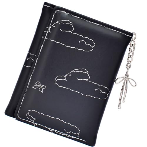 Korean Styles Bowknot Rabbits Wallet for Women PU Leather Short Wallets Purse Coin Holder and Multiple Card Slots, Black, 10.5x8.5cm