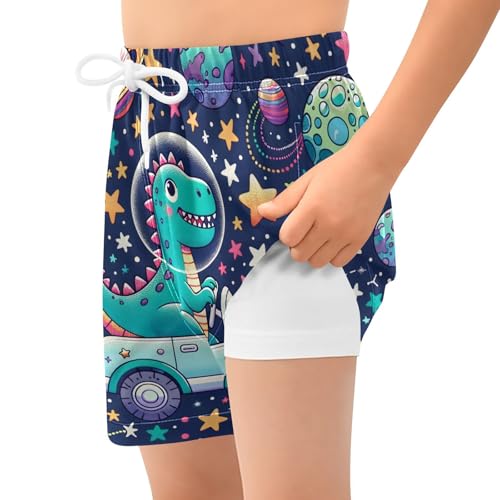 Boy Swim Trunks with Compression Liner Cartoon Space Dinosaur Boys Swim Shorts Quick Dry Beach Shorts2