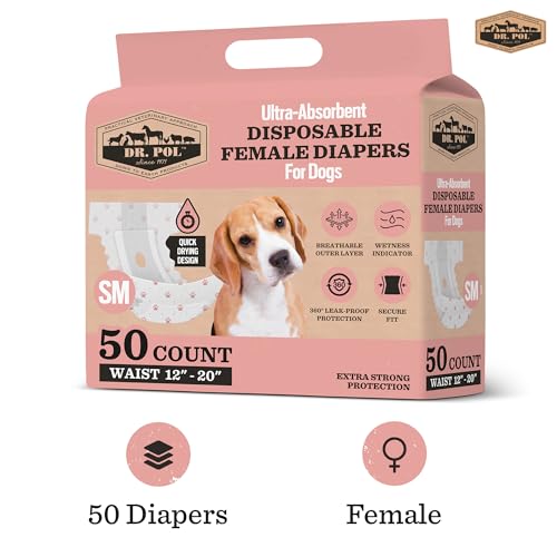 Image of Dr Pol Dog Diapers for Female Dogs | Disposable Pet Diapers with Wetness Indicators | Adjustable Fit | Leak Protection & Super Absorbent | Perfect for Heat Cycles & Training Accidents | Pack of 50