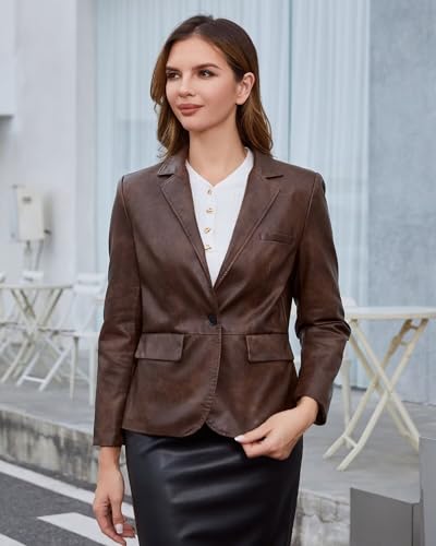 DIASHINY Women's Faux Leather Blazer Oversized Vintage Lapel Button Down Fashion Leather Jacket2
