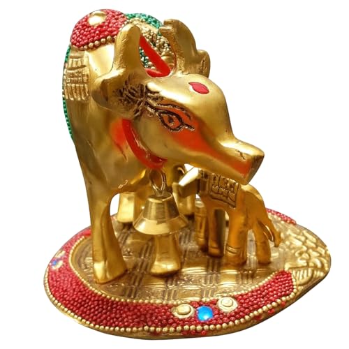 Image of Kalakriti Kamdhenu Cow and Calf Idol with Laddu Gopal| Gold Plated Decorative Statue for Home Temple | Religious Showpiece for Pooja Room |Traditional Hindu Spiritual Decor Gift (15x13x13 cm)