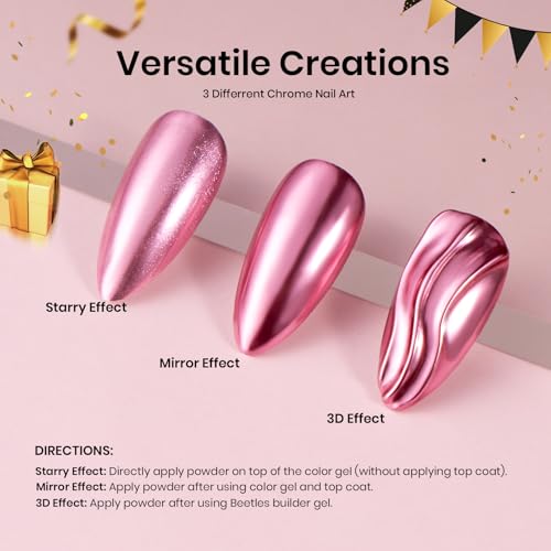 Beetles Chrome Nail Powder Gold Silver Mirror Effect 8 Colors Holographic Aurora Iridescent Pearlescent Manicure Nail Art Decoration Glitter Cromer Nail Powder for Nails 1g/Jar Gift for Women