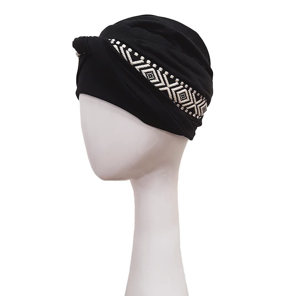 CAREBELL Turbante oncológico Modelo Confort – diseño Ikat Negro en bambú Suave y Transpirable, Especial para quimioterapia, Alopecia y Pieles sensibles, producido en España