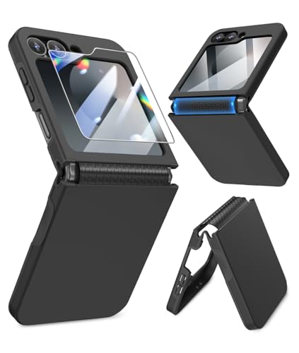 Caka for Samsung Galaxy Z Flip 6 /Z Flip 5 Case [Wireless Charging Compatible][Hinge Protection] [Screen Protector] Women Men Shockproof Protection Phone Cover - Black