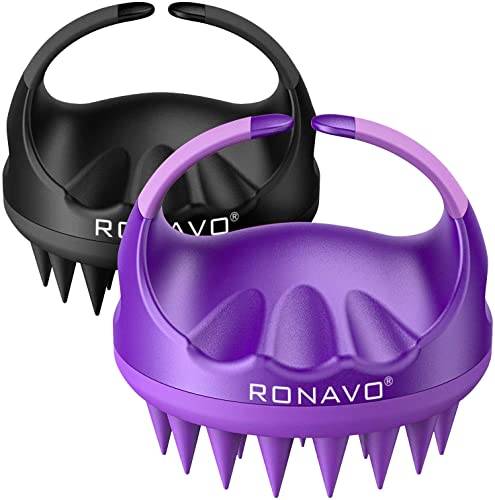 Cepillo de champú para el cuero cabelludo RONAVO, cepillo para el cuero cabelludo de ducha, cepillo exfoliante para caspa, paquete de 2 depuradores de cabeza para todo tipo de cabello (morado y negro)