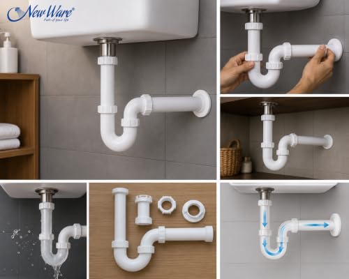 Image of NEW WARE PVC Bottle Trap P Trap with Extension Pipe for Wash Basin & Kitchen Sink | Bathroom Drain Water Outlet Waste Pipe | Anti Odor Leak Proof Waste Drain Pipe White