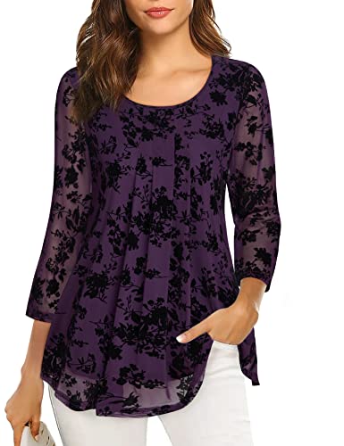 VALOLIA Blusa Tipo túnica de Manga 3/4 para Mujer, Casual, Holgada, Floral, de Malla, Plisada, en Capas, Deep Violet-2, M