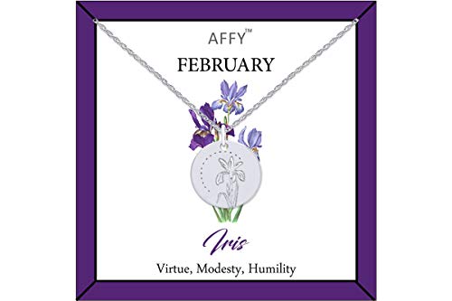 AFFY February Birth Month Iris Flower Disc Pendant Necklace 18K WG Plated