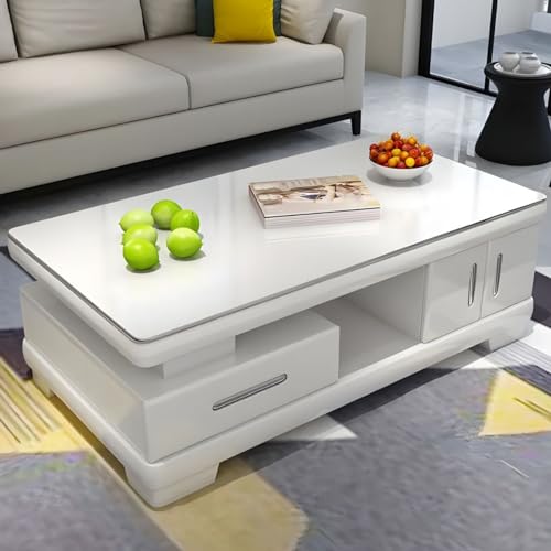 RUNNUP Modern Rectangular Glass Coffee Table with White Wood Base and Storage 2-Tier Coffee Table Accent Center Sofa Table for Living Room, White 39" L x 20" W x 17" H