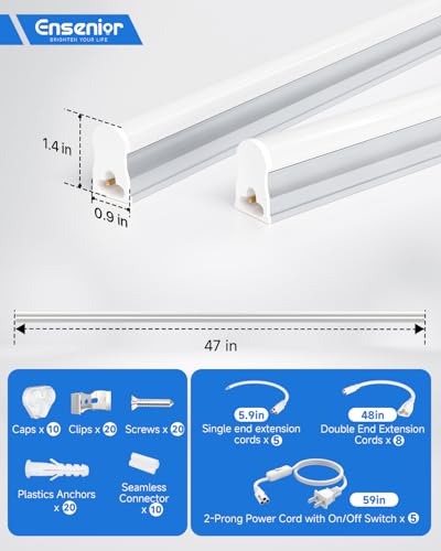 Image of Ensenior 10-Pack T5 LED Shop Lights, 4FT 2000LM 6500K Super Bright White Integrated Single Fixture, 20W Linkable Utility Commercial Lighting for Gym /Garage /Ceiling /Under Cabinet, Plug & Play, FCC